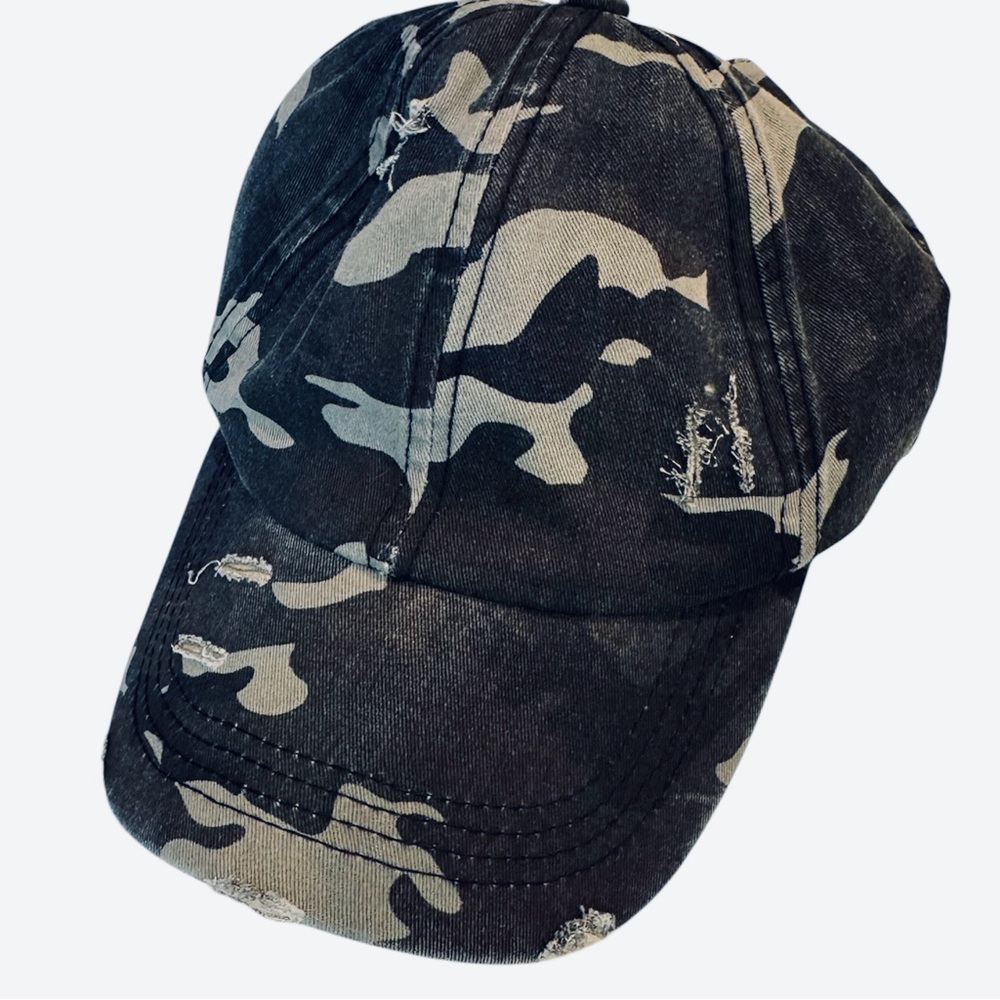 NWOT Camo Hat Distressed High Ponytail Criss Cross Back Washed Denim Camouflage
